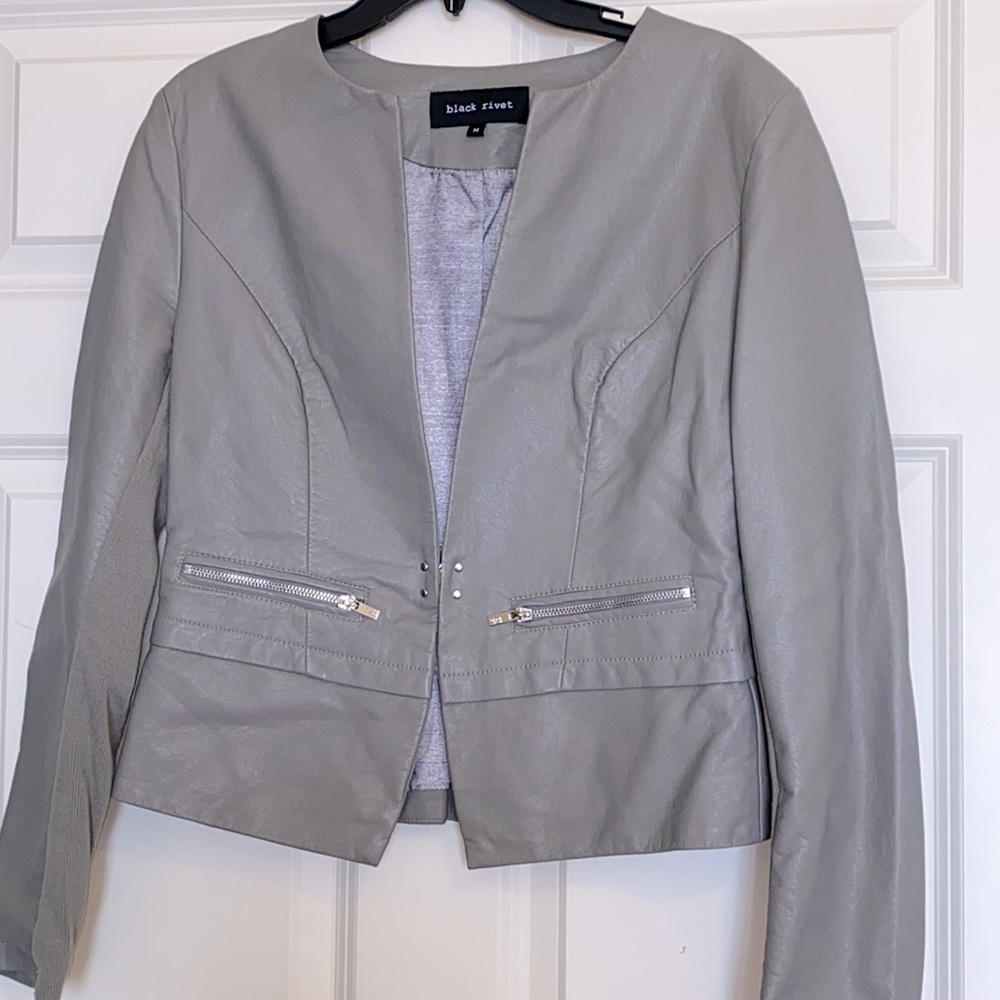 Faux leather grey jacket, metal latch & zippers
